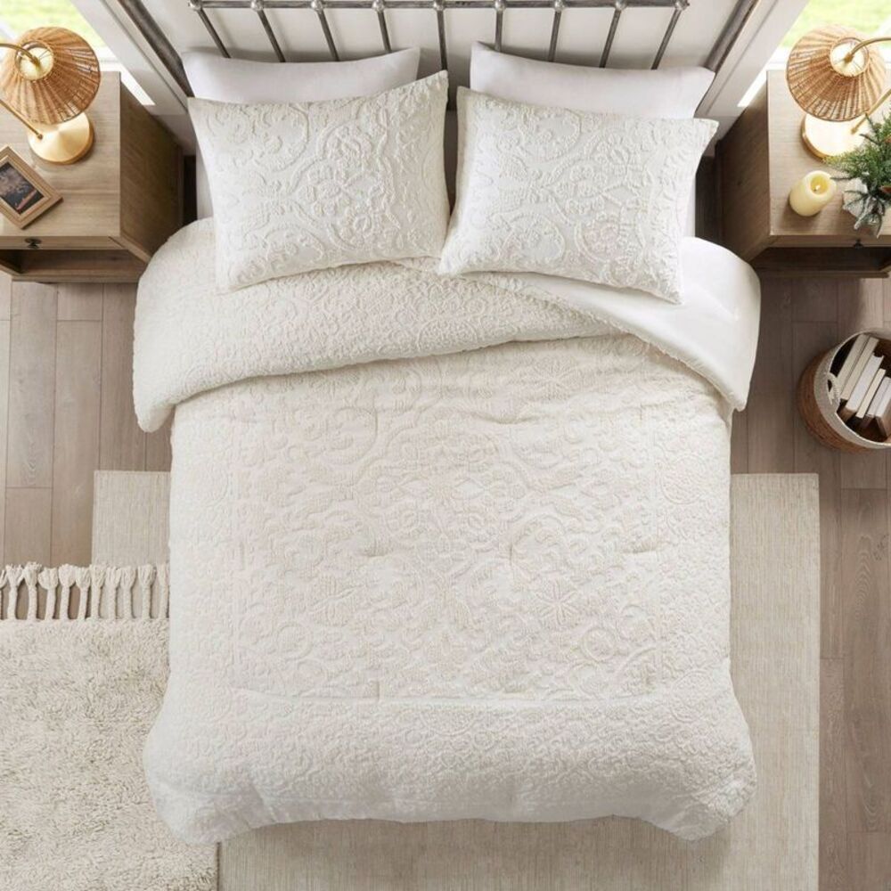 Madison Park. Cream Quilted Comforter Set with Embossed Medallion Pattern